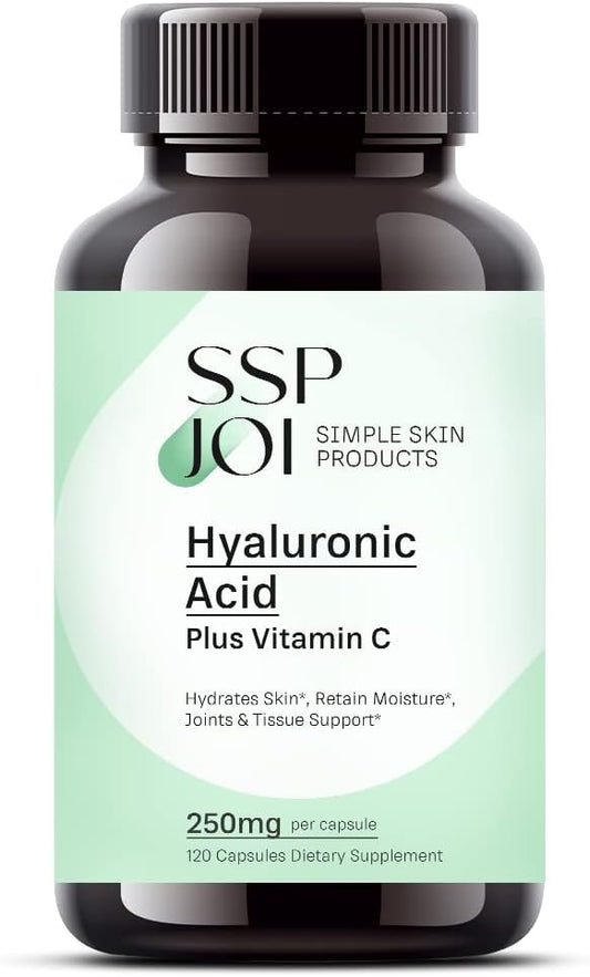 sspjoi Hyaluronic Acid 250mg with 50mg Vitamin C per Capsule - 120 Veggie Capsules - Supports Skin Hydration, Youthful Skin, Joints Lubrication
