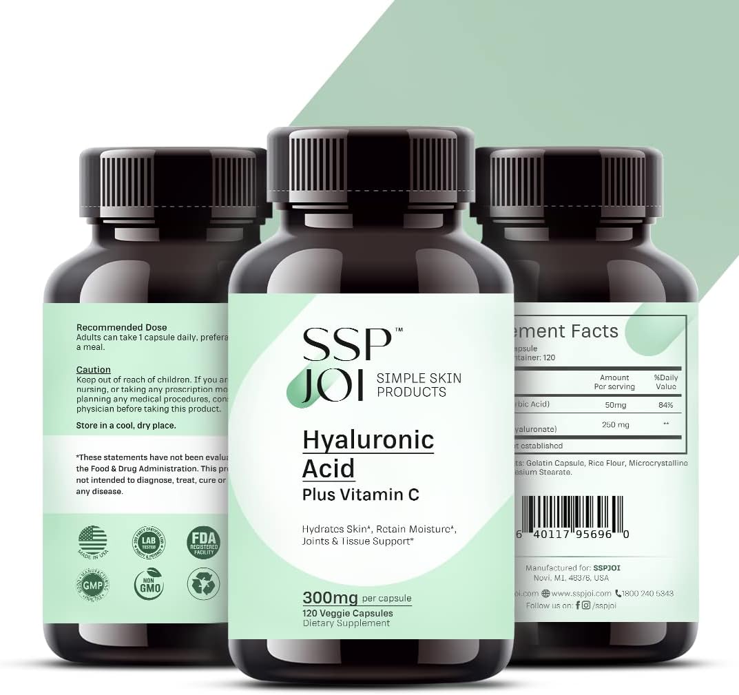 sspjoi Hyaluronic Acid 250mg with 50mg Vitamin C per Capsule - 120 Veggie Capsules - Supports Skin Hydration, Youthful Skin, Joints Lubrication