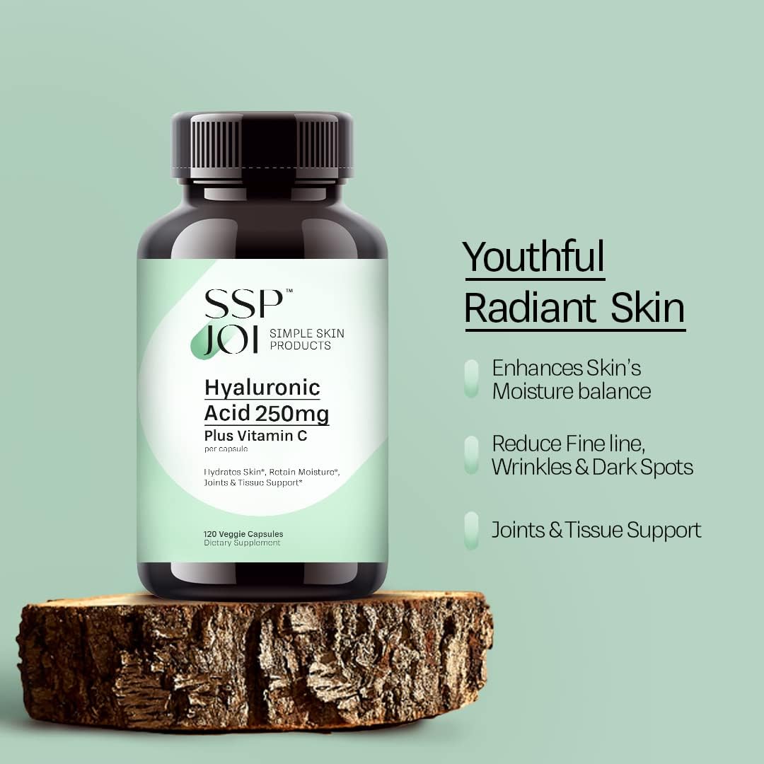 sspjoi Hyaluronic Acid 250mg with 50mg Vitamin C per Capsule - 120 Veggie Capsules - Supports Skin Hydration, Youthful Skin, Joints Lubrication