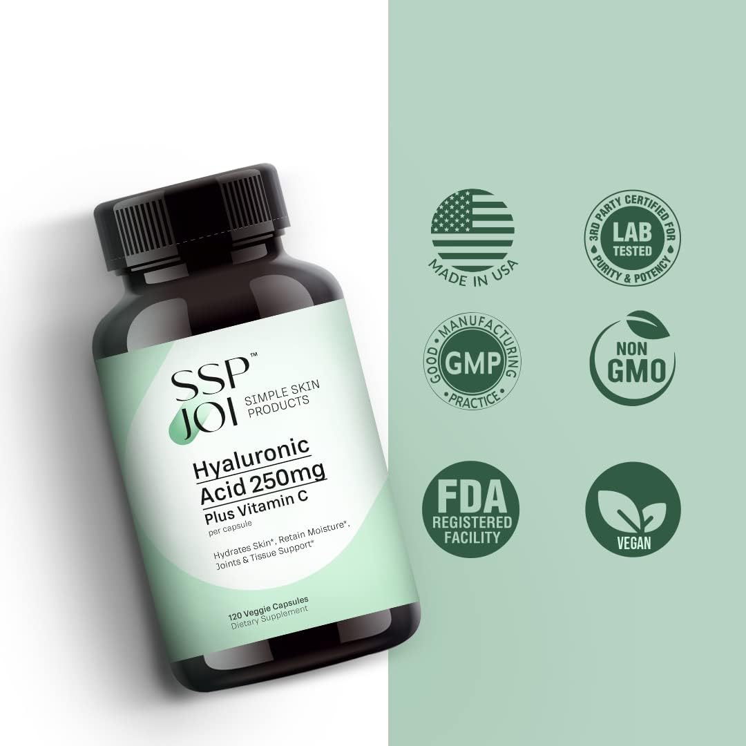sspjoi Hyaluronic Acid 250mg with 50mg Vitamin C per Capsule - 120 Veggie Capsules - Supports Skin Hydration, Youthful Skin, Joints Lubrication