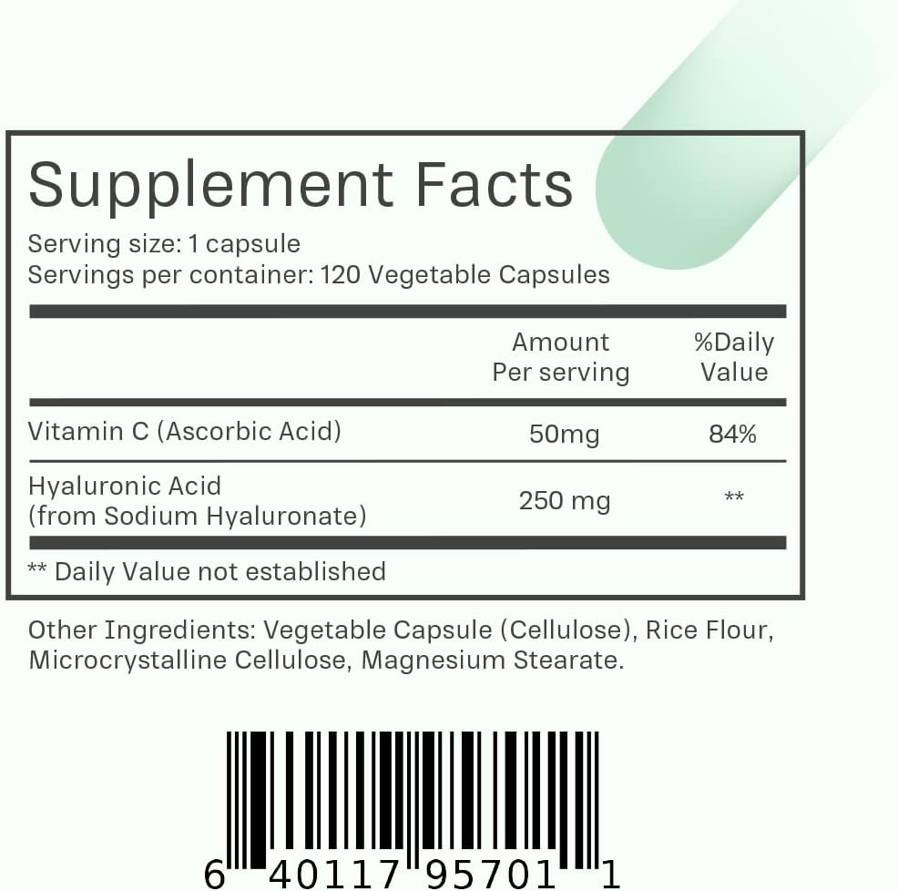 sspjoi Hyaluronic Acid 250mg with 50mg Vitamin C per Capsule - 120 Veggie Capsules - Supports Skin Hydration, Youthful Skin, Joints Lubrication