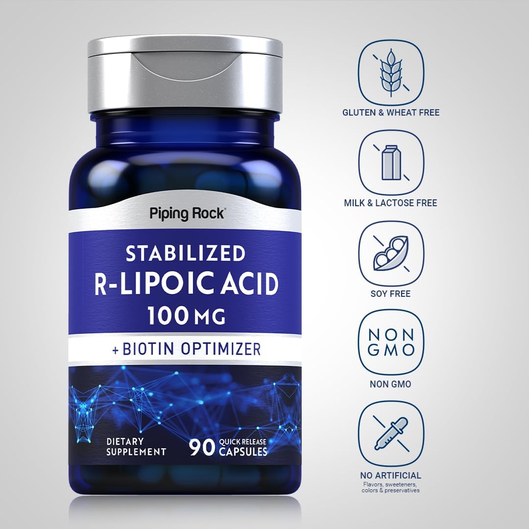 Stabilized R-Lipoic Acid 100mg Capsules with Biotin Optimizer - 90 Count | Non-GMO, Gluten Free