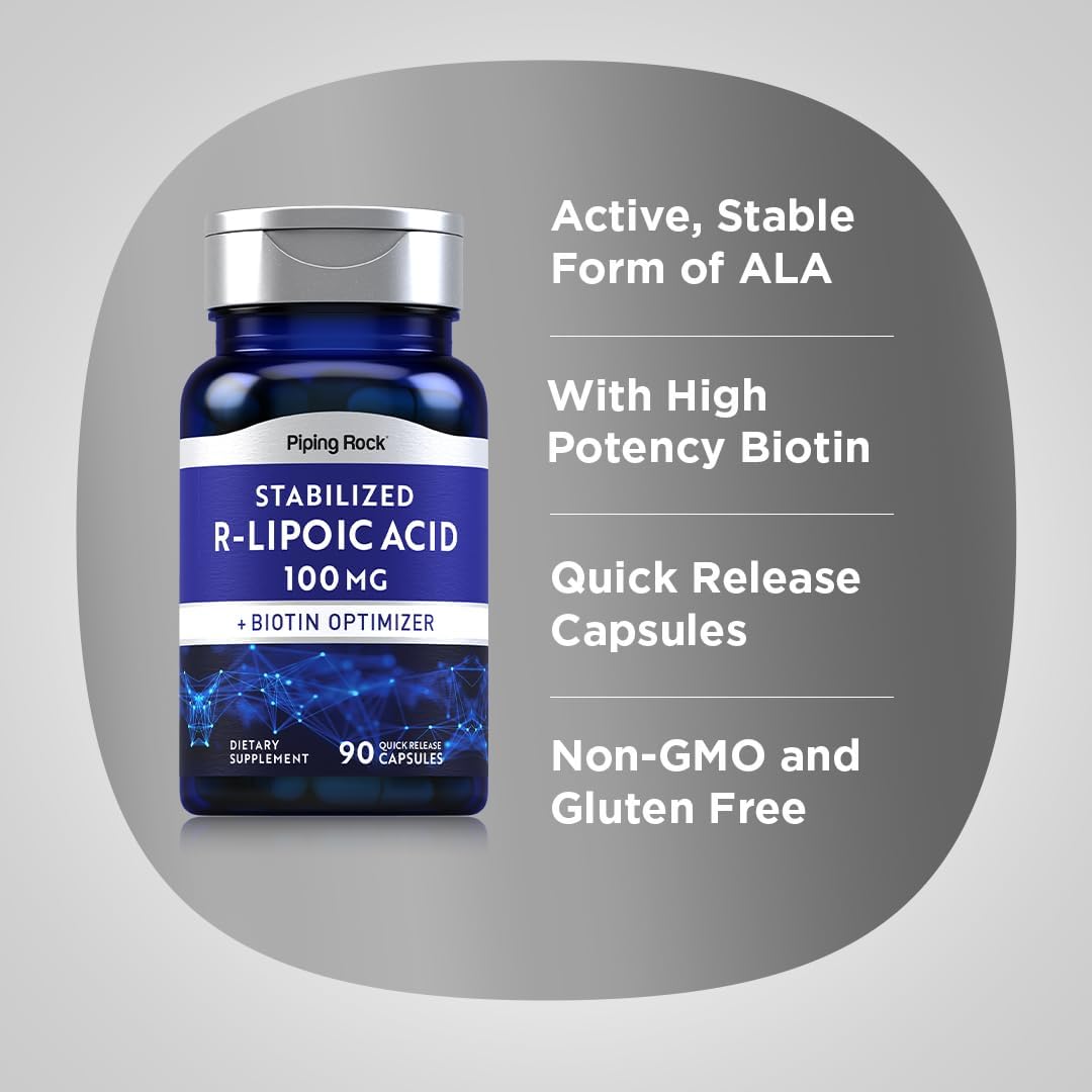 Stabilized R-Lipoic Acid 100mg Capsules with Biotin Optimizer - 90 Count | Non-GMO, Gluten Free