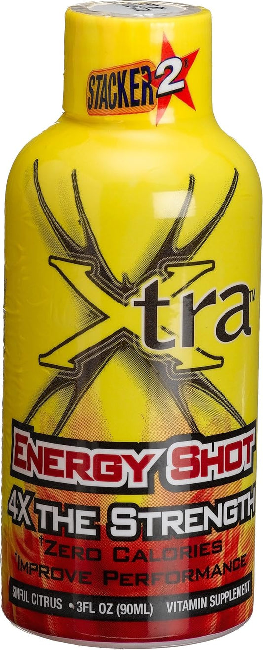 STACKER 2 Stacker Xtra 12 Hour Power Energy Shot - 3oz Bottles, 4x Strength, Zero Calories, Performance Boost - 12 Pack