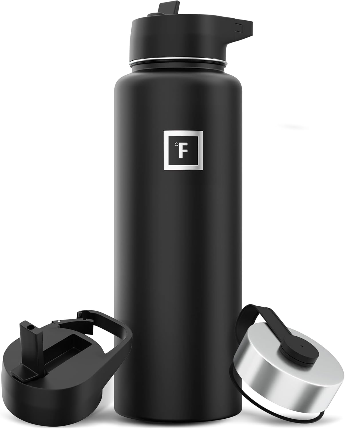 Stainless Steel Camping Water Bottle with 3 Lids - Leak Proof & BPA Free - 40 oz - Midnight Black