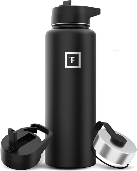 Stainless Steel Camping Water Bottle with 3 Lids - Leak Proof & BPA Free - 40 oz - Midnight Black