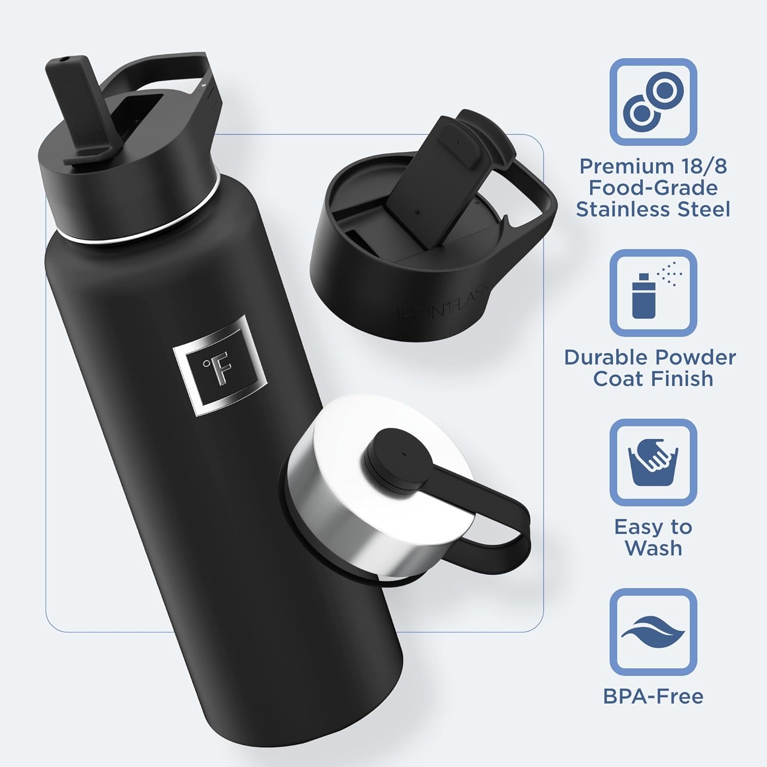Stainless Steel Camping Water Bottle with 3 Lids - Leak Proof & BPA Free - 40 oz - Midnight Black