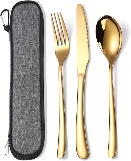 Stainless Steel Cutlery Set for 1 with Case - Reusable Knife Fork Spoon Set for Work - 3 Piece Gold Flatware Set by MURRI&MURRDI