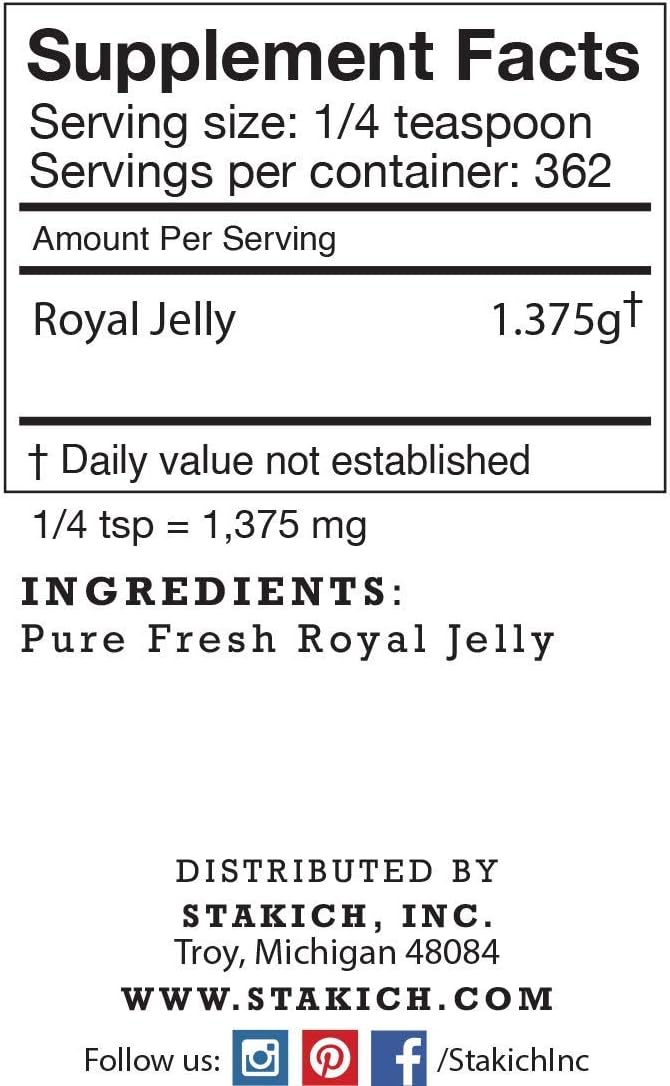 Stakich Pure Fresh Royal Jelly - All Natural with No Additives or Preservatives - 16 Ounce (1 Pound)