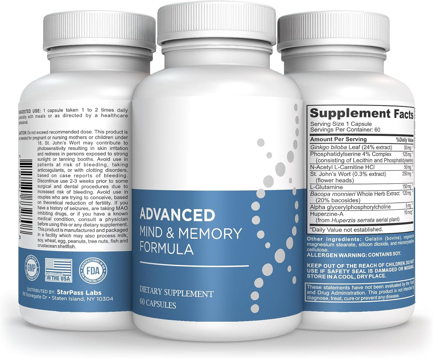 StarPass Labs Advanced Memory Formula: Extreme Brain Booster Supplement - Enhance Memory, Focus, and Mental Performance - 180 Capsules (3 Pack)