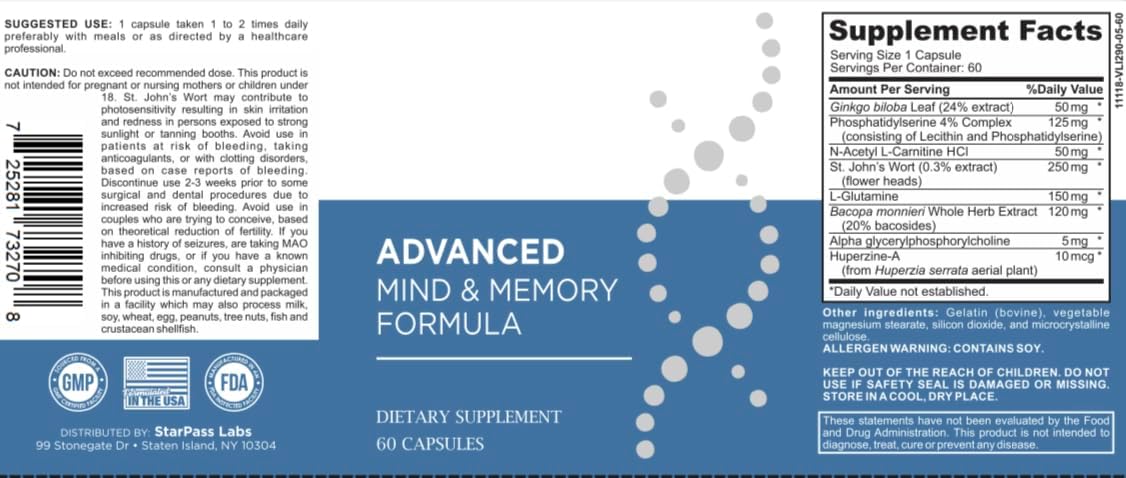 StarPass Labs Advanced Memory Formula: Extreme Brain Booster Supplement - Enhance Memory, Focus, and Mental Performance - 180 Capsules (3 Pack)