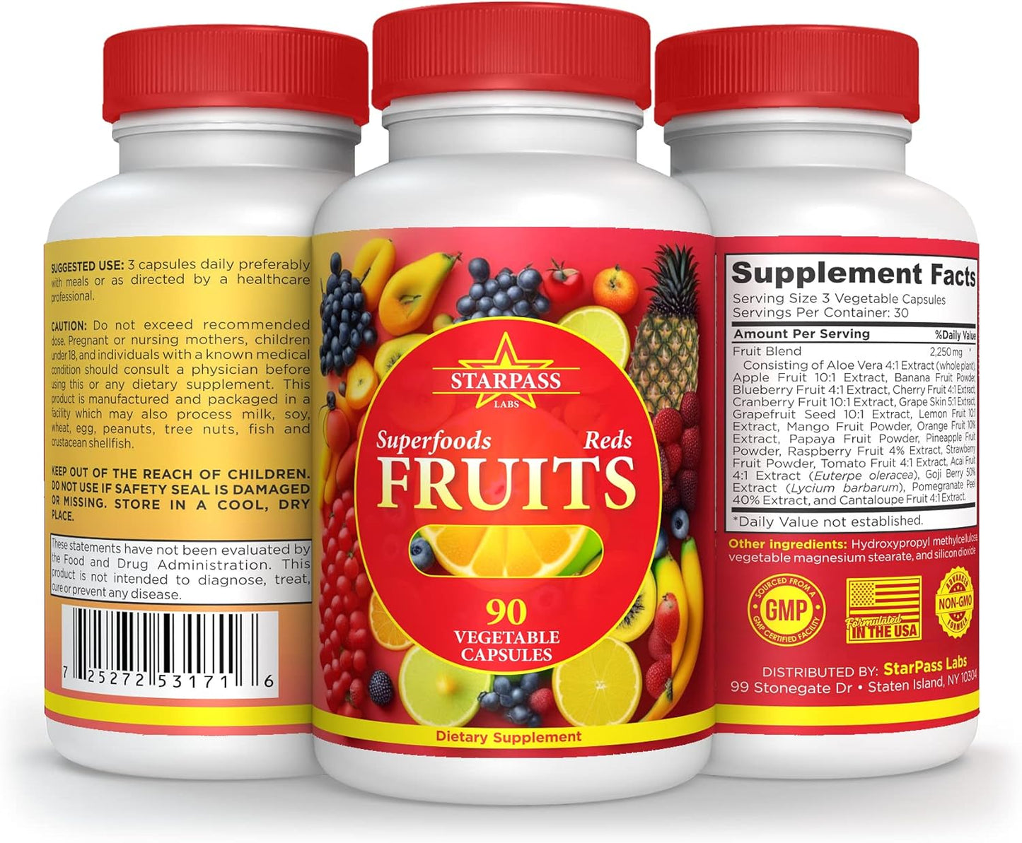 StarPass Labs Vegetarian Superfood Reds Fruits and Greens Capsules | Vegan 90 Fruits 90 Veggies for Men Women Kids | Natural Vitamins Minerals