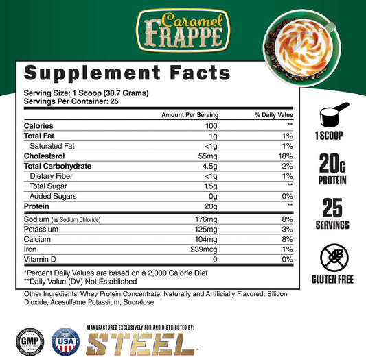 Steel Supplements Whey-Pro Caramel Frappe Protein Powder | 25 Servings (1.69lbs) | BCAA & Essential Amino Acids | Gluten Free & Low Carb | Men & Women