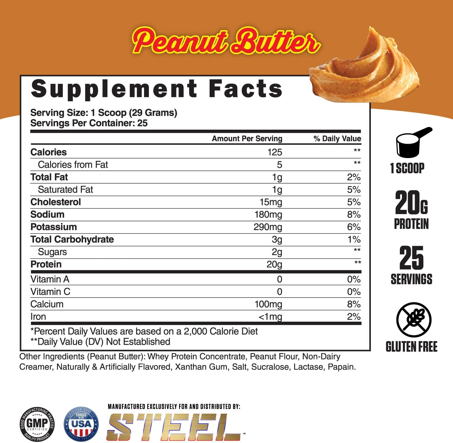 Steel Supplements Whey-Pro Peanut Butter Protein Powder | 100% Pure Whey for Muscle Gain & Recovery | Gluten Free | Non-GMO | 1.51 lbs - BoostGo Australia