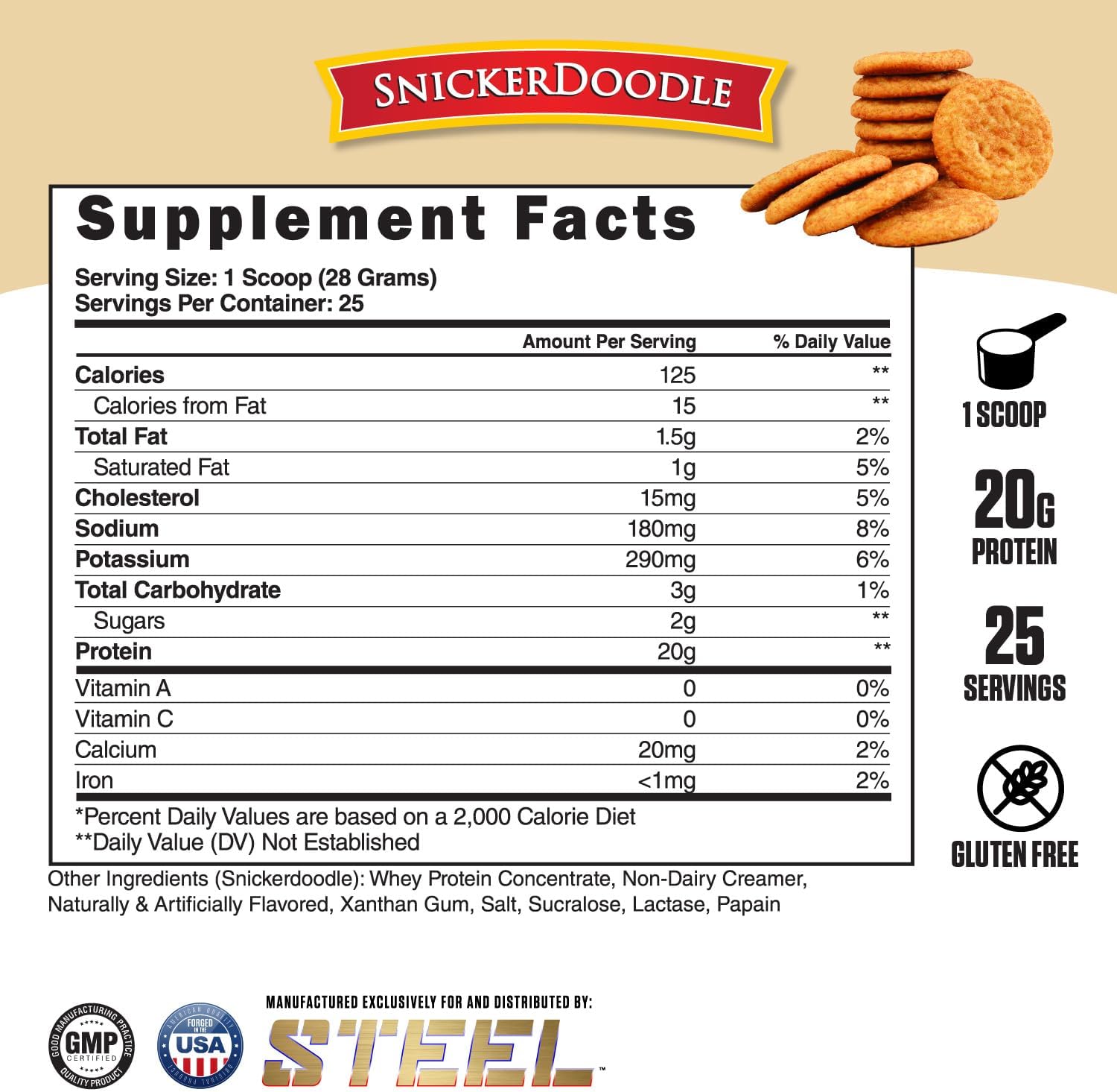 Steel Supplements Whey-Pro Snickerdoodle Protein Powder for Muscle Gain and Recovery, 1.65 lbs, Gluten-Free, BCAA 5g, Non-GMO - 25 Servings