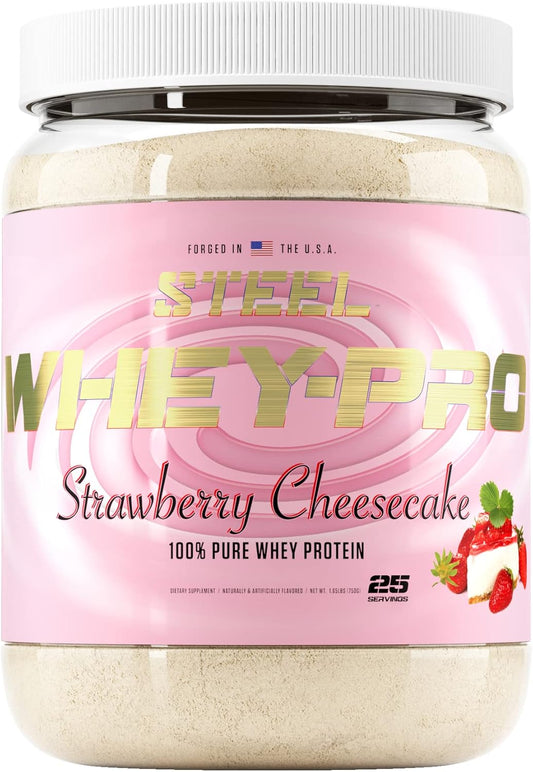 Steel Supplements Whey-Pro Strawberry Cheesecake: Pure Whey Protein Powder for Muscle Gain & Recovery | Gluten-Free, Non-GMO | 1.65 lbs, 25 Servings | BCAA 5g | Men & Women