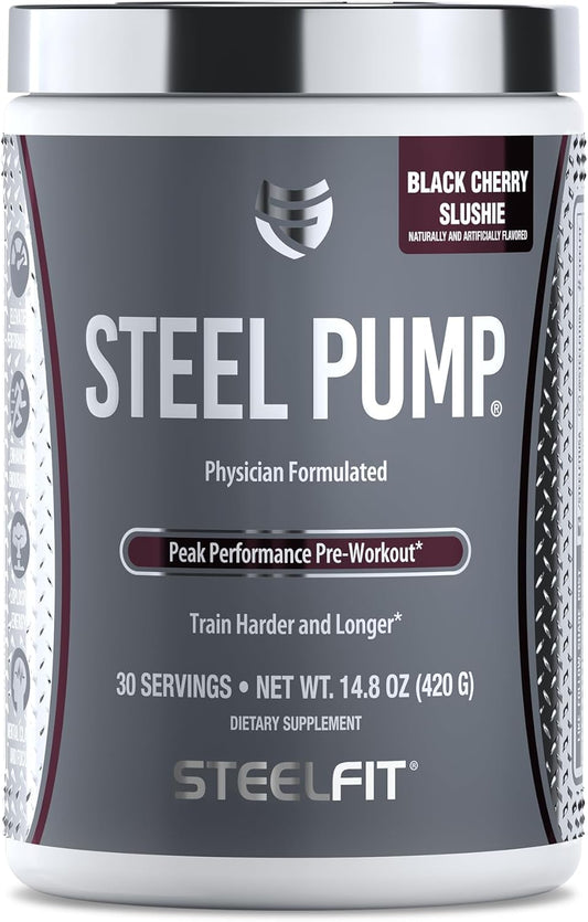 SteelFit Steel Pump Pre Workout Powder - Black Cherry Slushie Flavor (30 Servings) | Advanced Nitric Oxide Supplement for Muscle Building & Recovery with Peak ATP, Ashwagandha, & Electrolytes