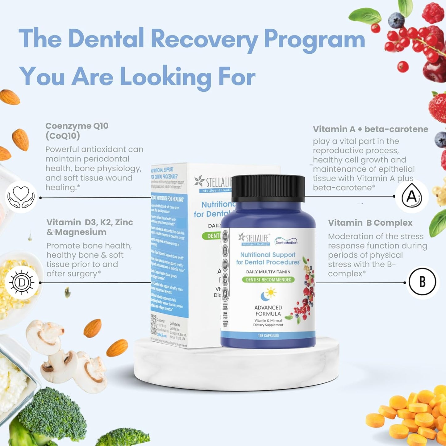 StellaLife DentaMedica Nutritional Support Capsules for Dental Surgery Recovery, Vitamin D3 & K2 for Bone and Gum Health, Vitamin A, B-Complex, Beta-Carotene, Zinc, CoQ10 - 168 Count
