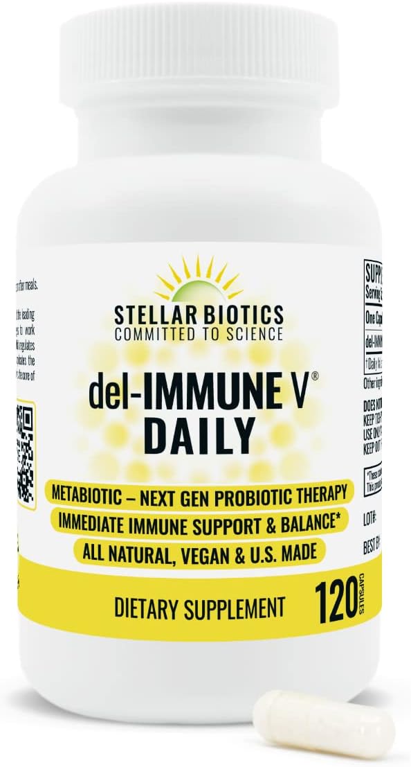 Stellar Biotics Del-Immune V Daily Capsules: All-Natural Immune & Gut Support, Metabiotic Probiotic Therapy for Immediate Care (120 Count)