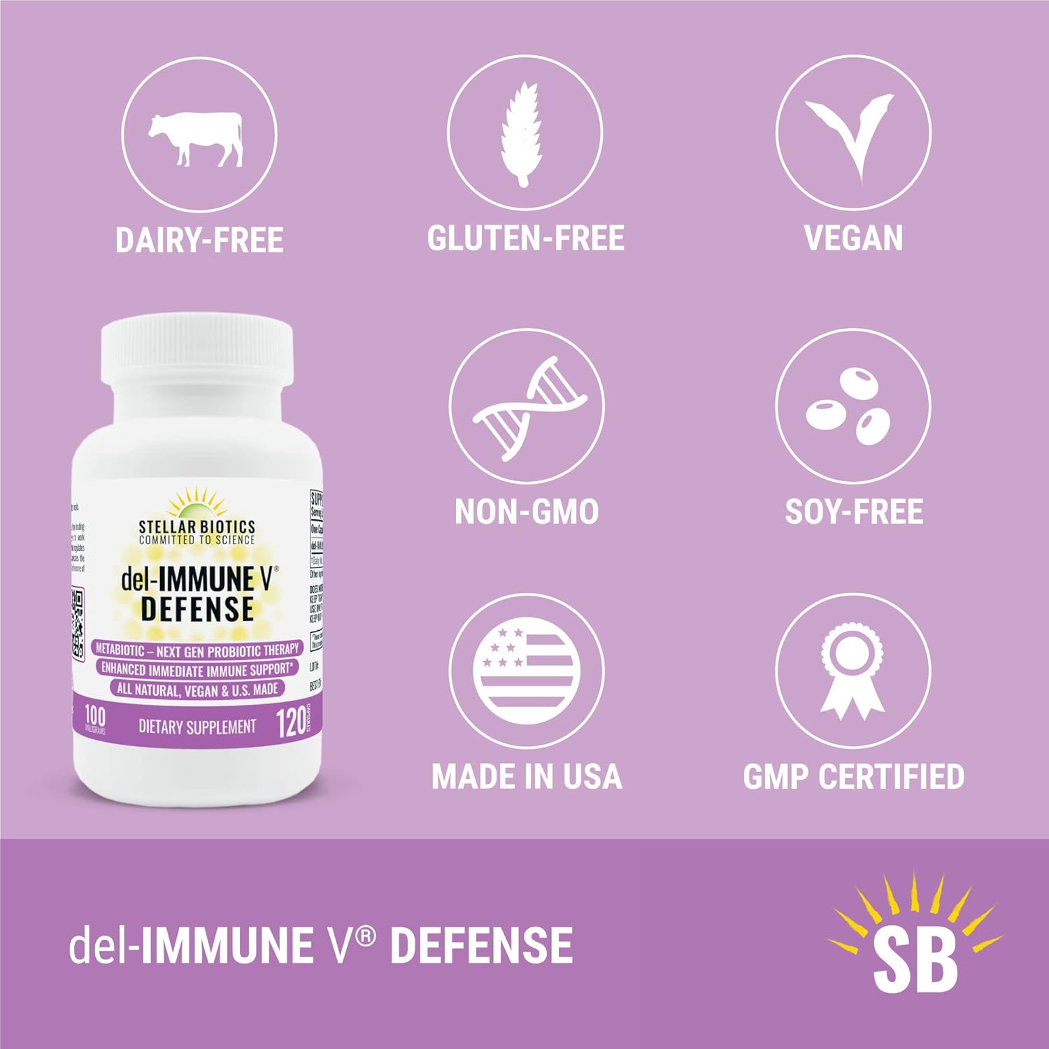 Stellar Biotics Del-Immune V® Defense: All-Natural Immune Support with Immediate Care and Metabiotic Probiotic Therapy (120 Capsules)