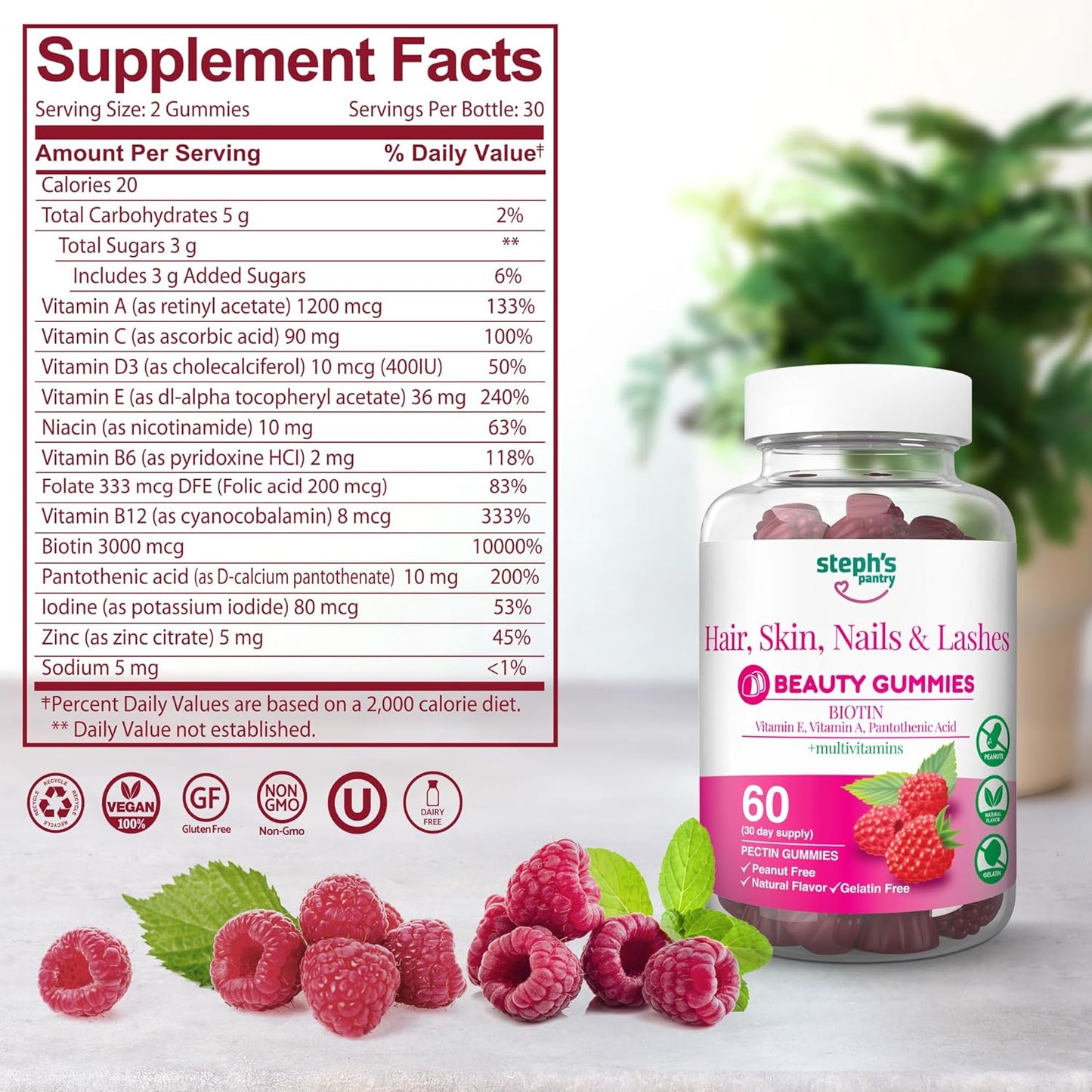Steph's Pantry High Strength Biotin Gummies for Hair, Skin, Nails, & Lashes - Daily Multivitamin Supplement - 120 Plant-Based Vegan Gummies - Gluten-Free, Nut-Free, Non-GMO, Kosher