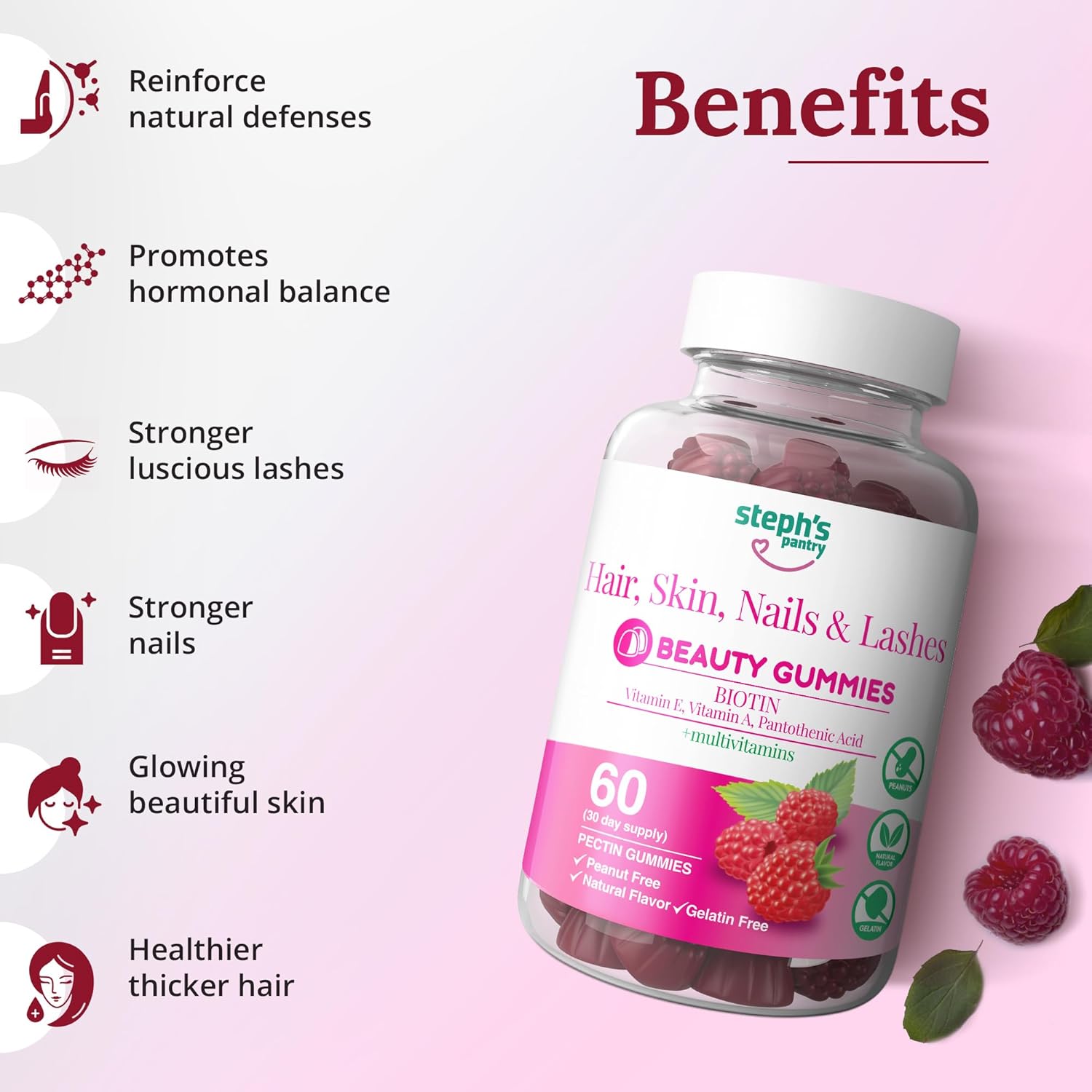 Steph's Pantry High Strength Biotin Gummies for Hair, Skin, Nails & Lashes - Daily Multivitamins - Vegan & Kosher - 60 Gummies