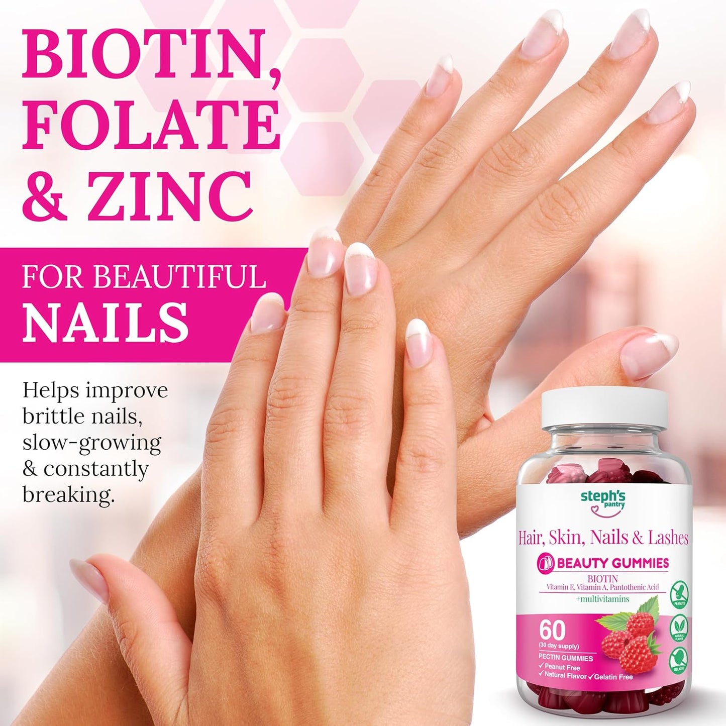 Steph's Pantry High Strength Biotin Gummies for Hair, Skin, Nails & Lashes - Daily Multivitamins - Vegan & Kosher - 60 Gummies