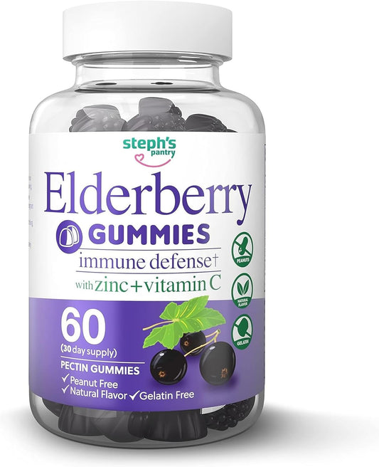 Steph's Pantry Immune Boosting Elderberry Gummies with Vitamin C, Zinc, and Antioxidant Support - Vegan Multivitamins for Adults and Kids (60 Gummies)