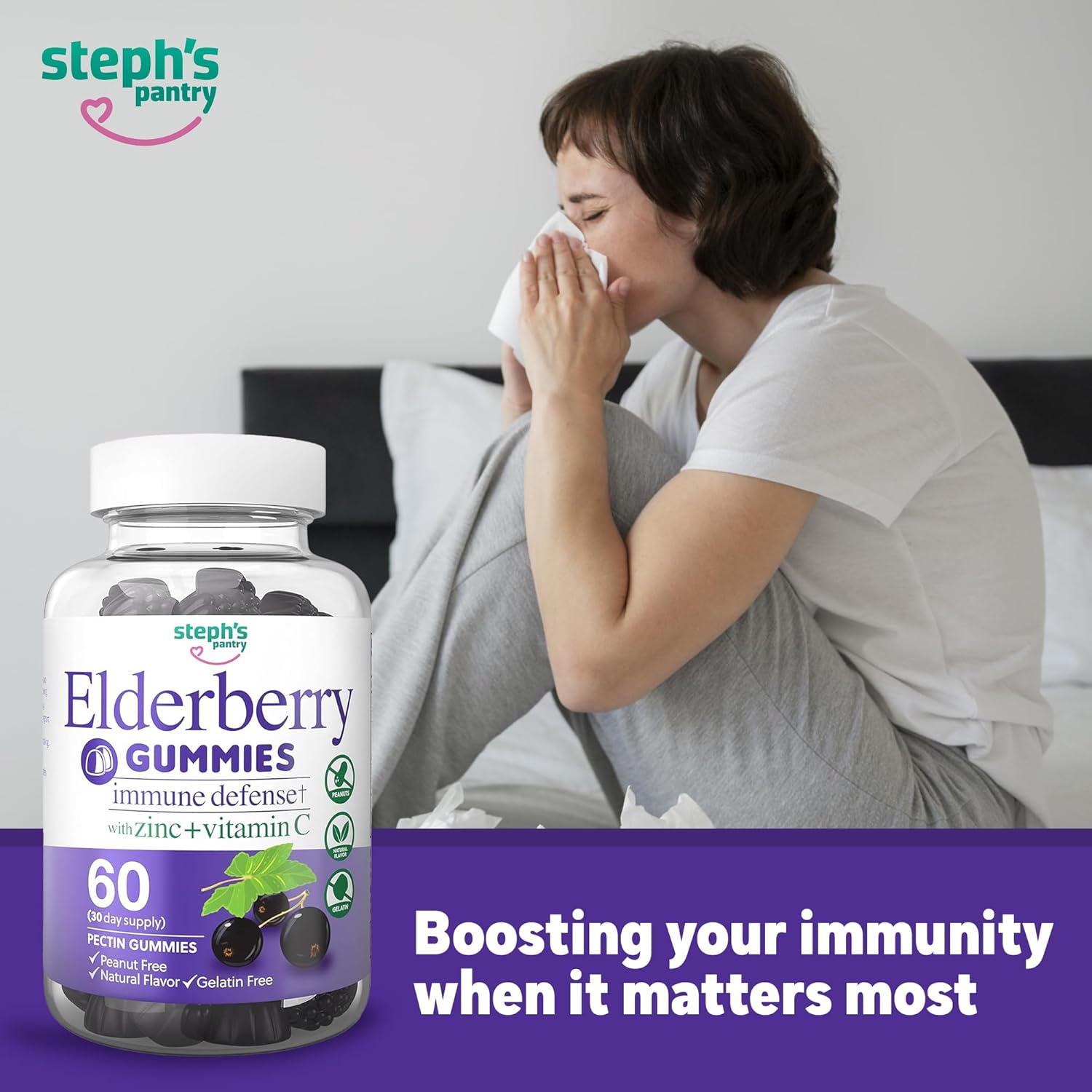 Steph's Pantry Immune Boosting Elderberry Gummies with Vitamin C, Zinc, and Antioxidant Support - Vegan Multivitamins for Adults and Kids (60 Gummies)