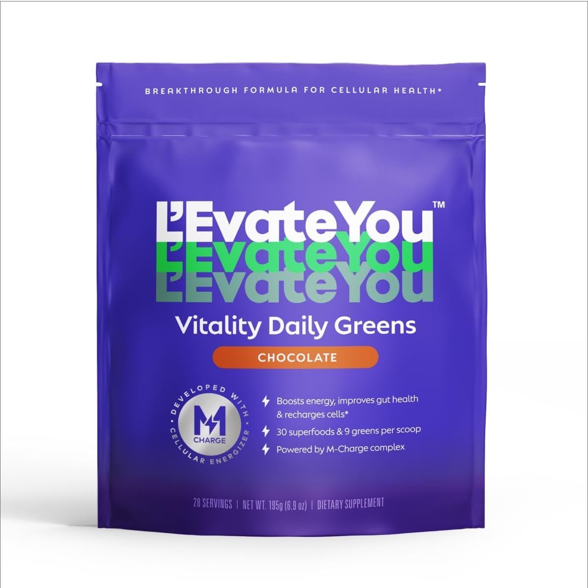 Steve Harvey's L'Evate You Vitality Daily Greens Powder - 30 Superfoods, 9 Greens, M-Charge Complex (Chocolate)