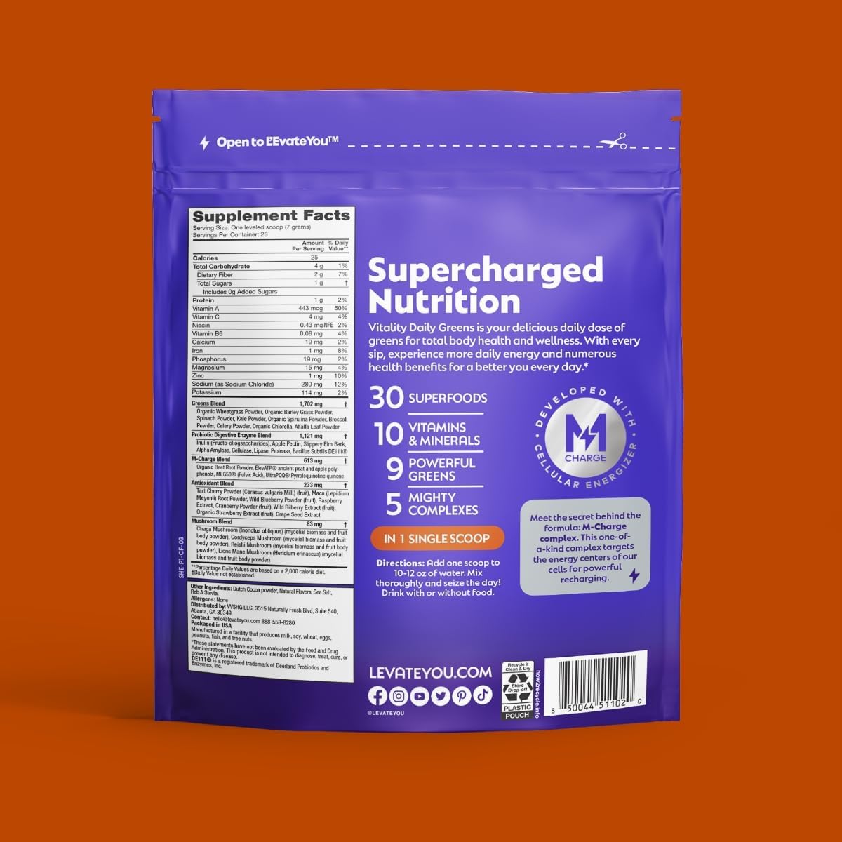 Steve Harvey's L'Evate You Vitality Daily Greens Powder - 30 Superfoods, 9 Greens, M-Charge Complex (Chocolate)