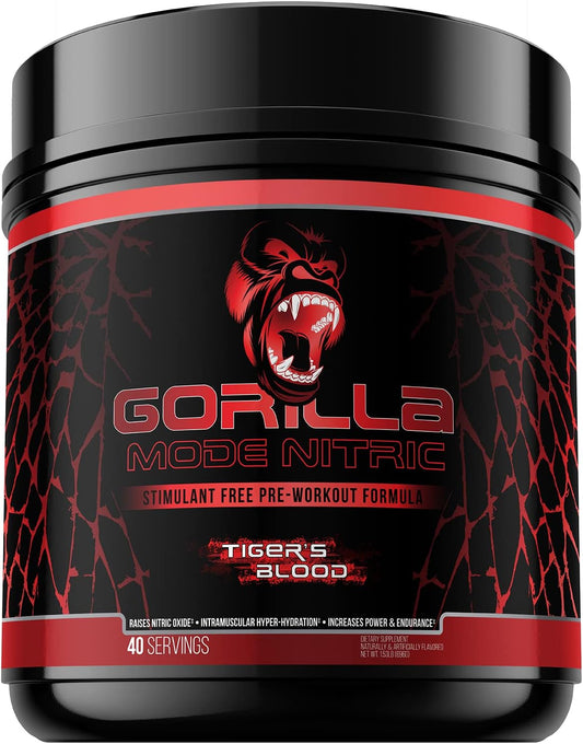 Stimulant-Free Gorilla Mind Nitric 1.0 Pre-Workout for Massive Pumps - Best Tasting and Most Effective - 646g (Tigers Blood)
