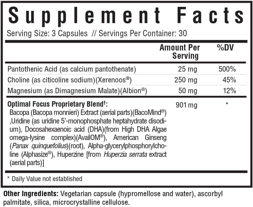 Stimulant-Free Nootropic Support for Memory and Focus with Choline, DHA, and Ginseng - Vegan - 90 Capsules