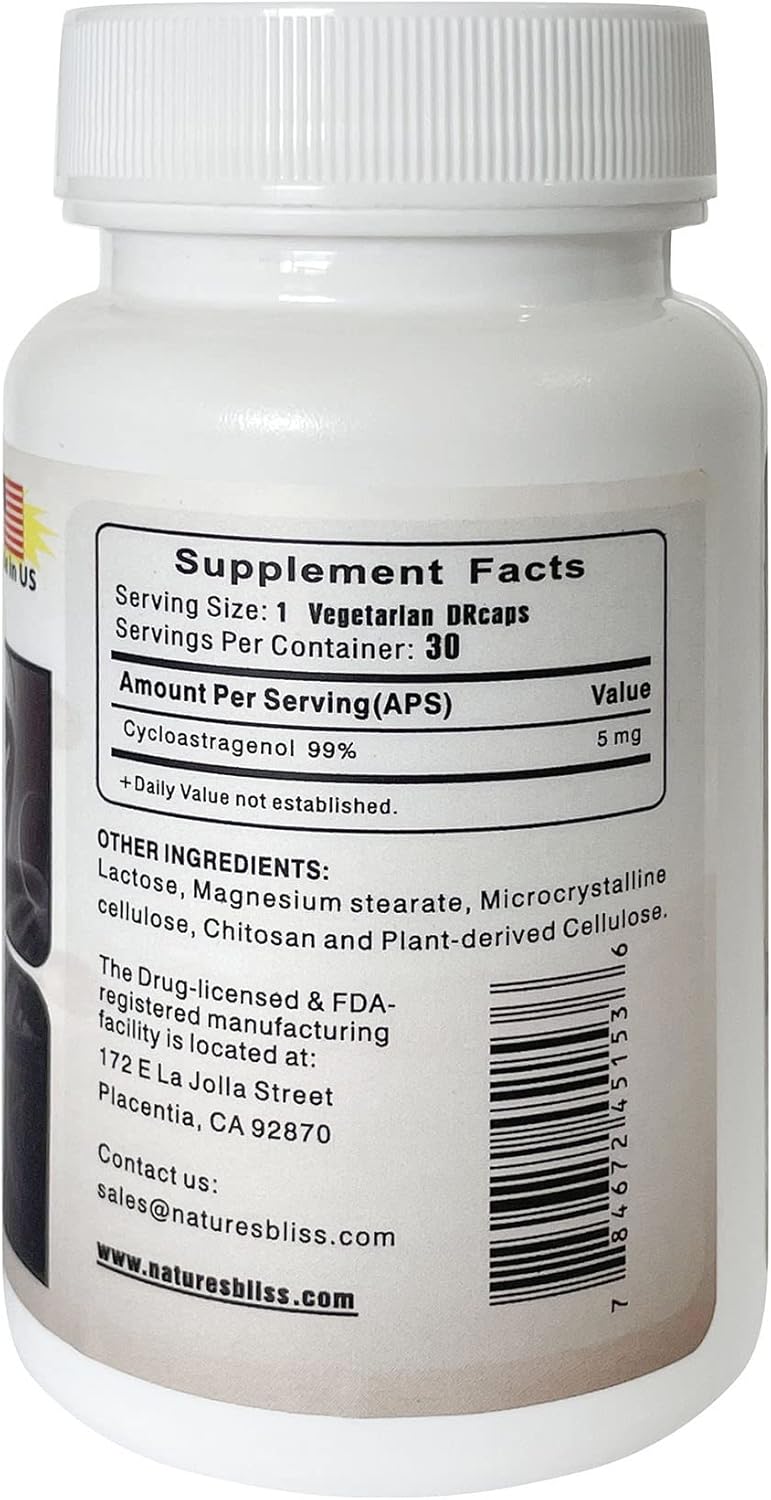 Stomach Acid Protected Cycloastragenol 99% for Super-Absorption, 5mg, 30 Capsules - Made in USA by Nature's Bliss