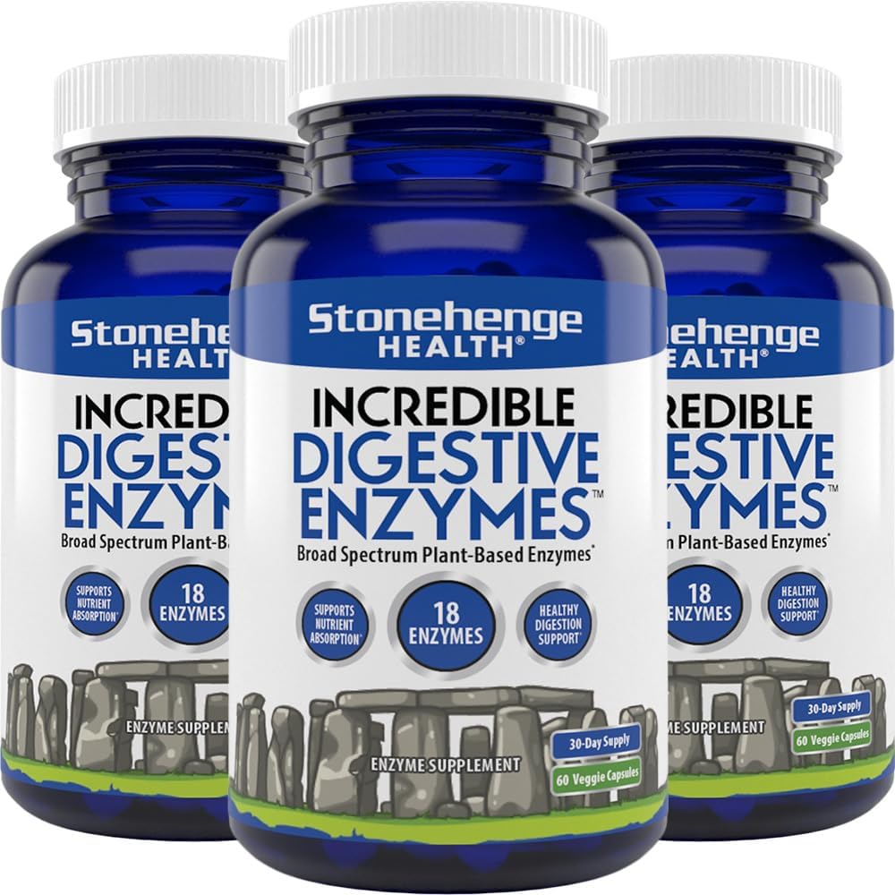 Stonehenge Health Digestive Enzymes - 18 Plant-Based Enzymes for Gas, Bloating, Fatigue - Lipase, Lactase, Protease, Amylase, Bromelain (3 Pack)