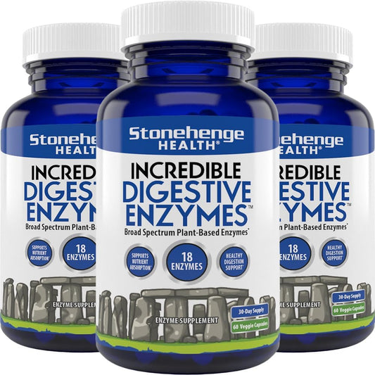 Stonehenge Health Digestive Enzymes - 18 Plant-Based Enzymes for Gas, Bloating, Fatigue - Lipase, Lactase, Protease, Amylase, Bromelain (3 Pack)