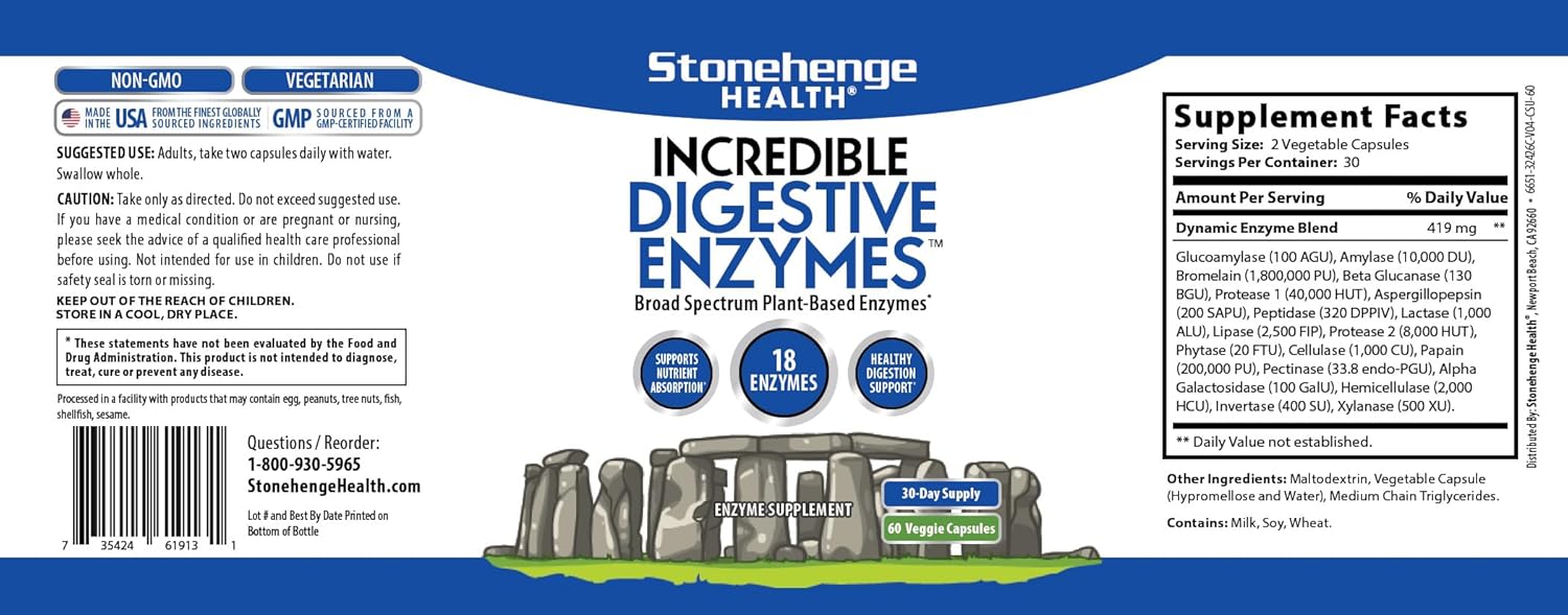Stonehenge Health Digestive Enzymes - 18 Plant-Based Enzymes for Gas, Bloating, Fatigue - Lipase, Lactase, Protease, Amylase, Bromelain (3 Pack)