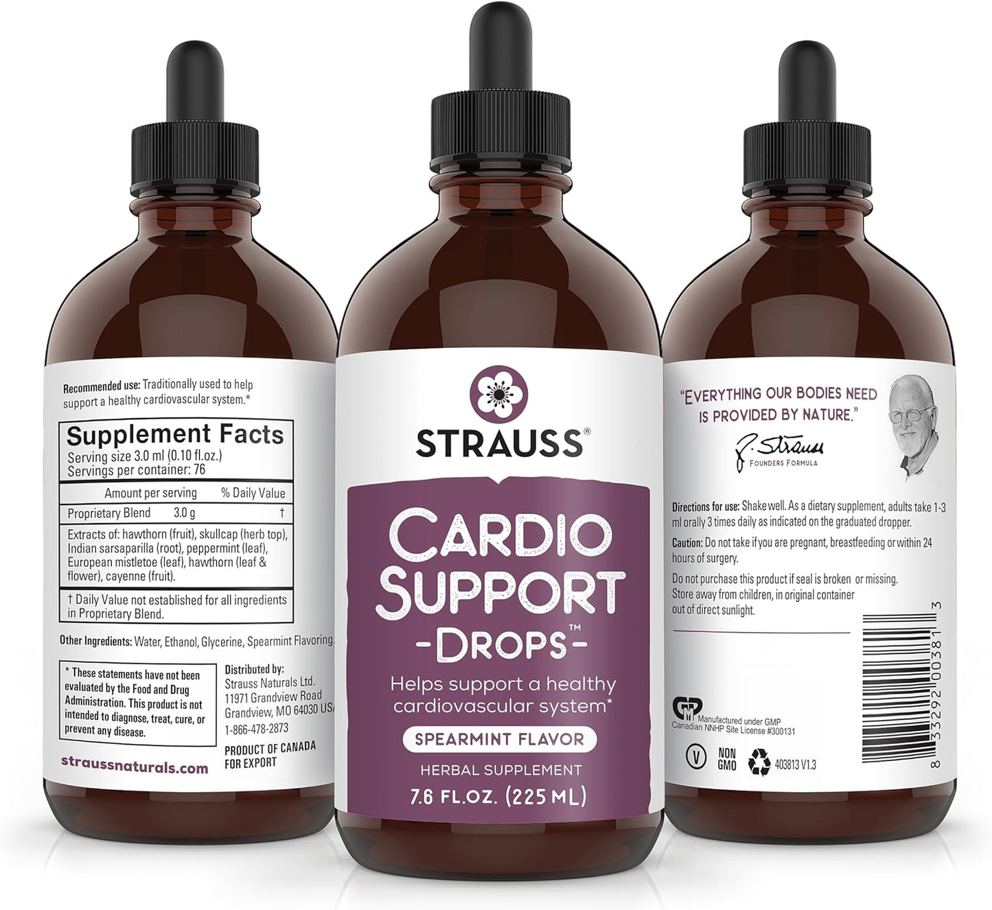 Strauss Naturals Heartdrops: Cardio Support Drops for Healthy Heart - Herbal Supplement for Men & Women - Vegan & Non-GMO - Spearmint Flavor - 225ml
