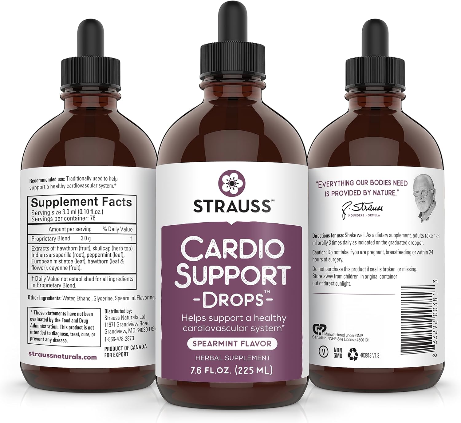 Strauss Naturals Heartdrops: Cardio Support Drops for Healthy Heart - Herbal Supplement for Men & Women - Vegan & Non-GMO - Spearmint Flavor - 225ml