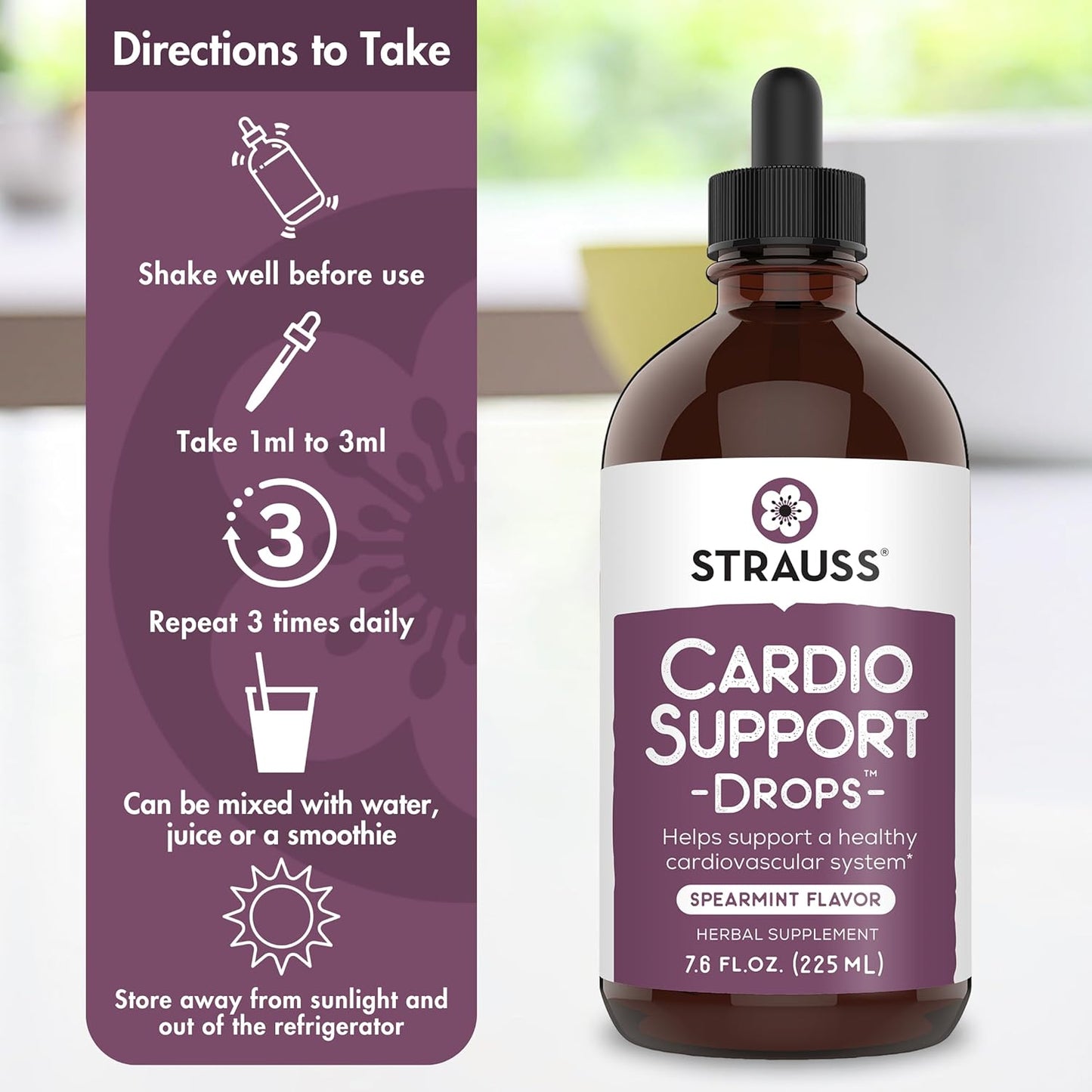 Strauss Naturals Heartdrops: Cardio Support Drops for Healthy Heart - Herbal Supplement for Men & Women - Vegan & Non-GMO - Spearmint Flavor - 225ml