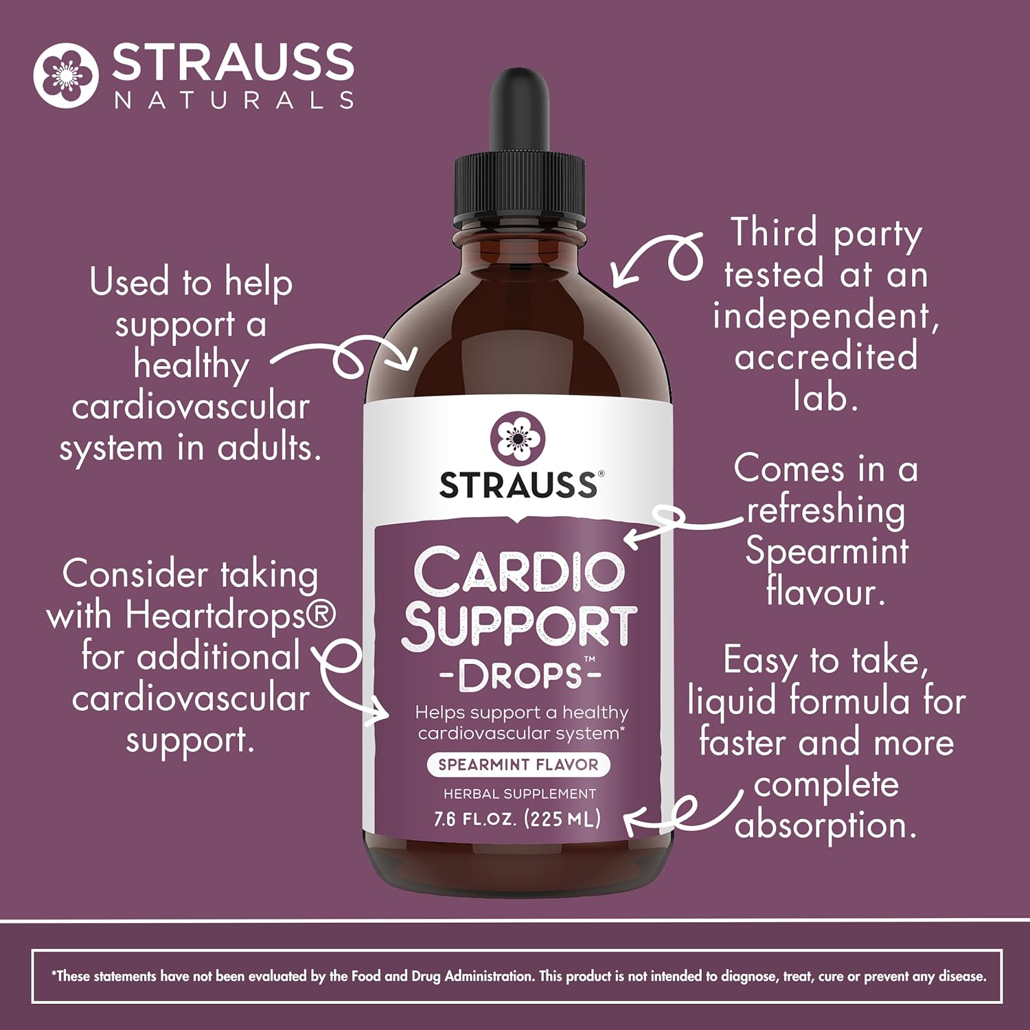 Strauss Naturals Heartdrops: Cardio Support Drops for Healthy Heart - Herbal Supplement for Men & Women - Vegan & Non-GMO - Spearmint Flavor - 225ml
