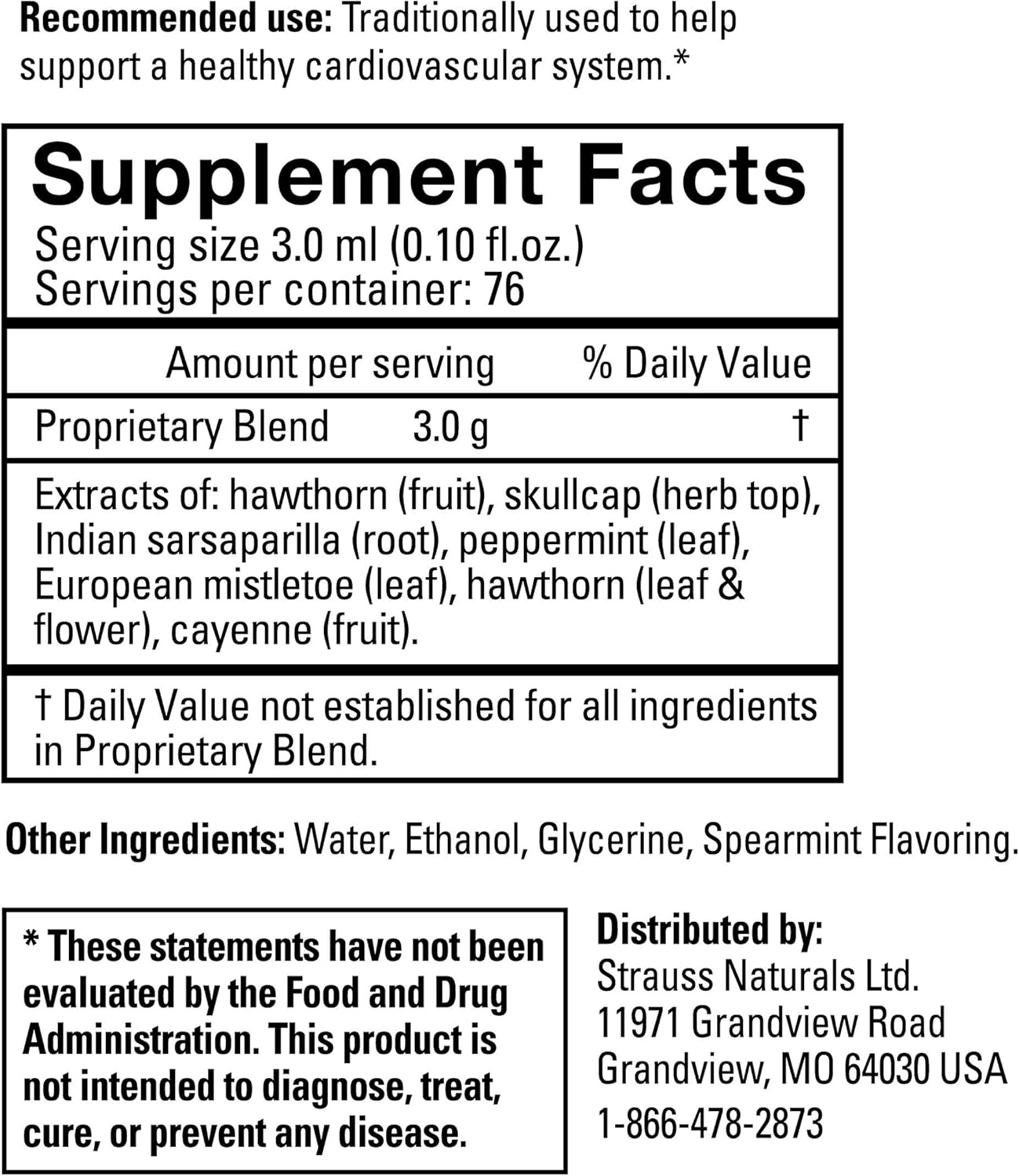 Strauss Naturals Heartdrops: Cardio Support Drops for Healthy Heart - Herbal Supplement for Men & Women - Vegan & Non-GMO - Spearmint Flavor - 225ml