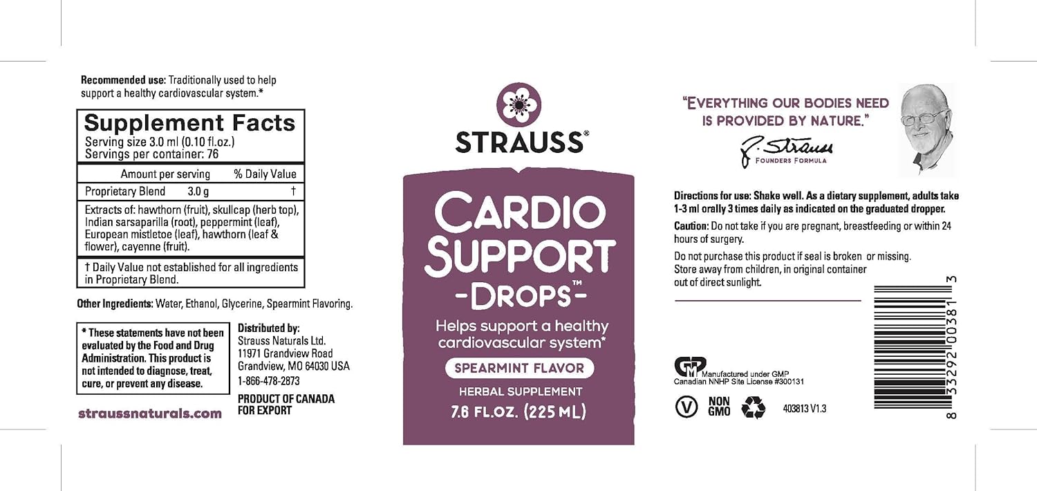Strauss Naturals Heartdrops: Cardio Support Drops for Healthy Heart - Herbal Supplement for Men & Women - Vegan & Non-GMO - Spearmint Flavor - 225ml