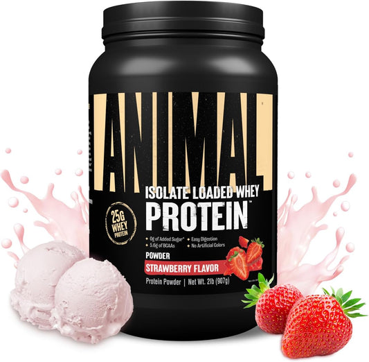 Strawberry Animal Whey Isolate Protein Powder - Ideal for Pre & Post Workout Muscle Building and Recovery - 25g Protein, Low Sugar, Digestive Enzymes - 2 lbs