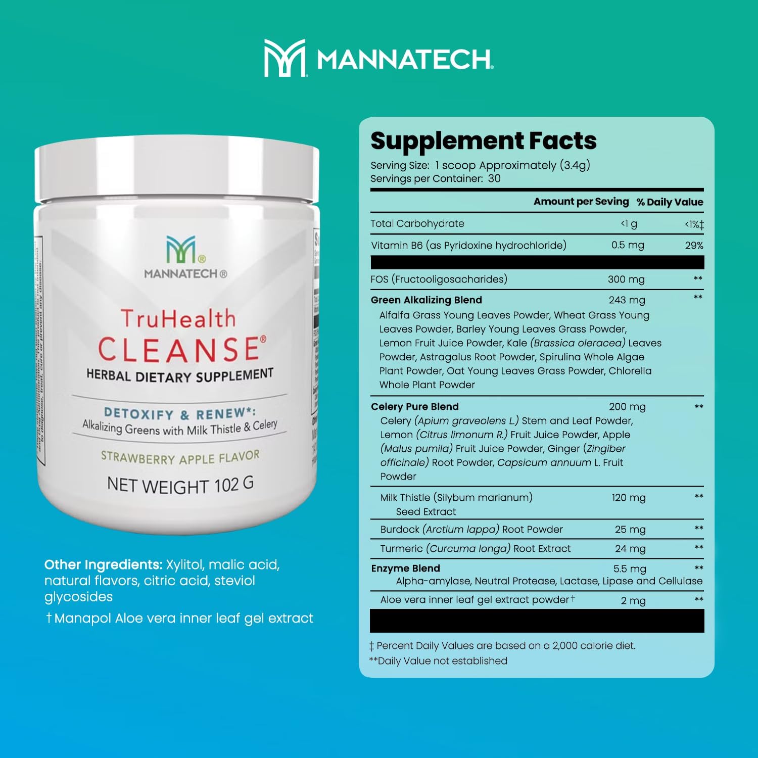 Strawberry Apple Prebiotic Fiber Drink Mix with Digestive Enzymes & Greens - Supports Digestion and Cellular Health - Mannatech TruHealth Cleanse 102g