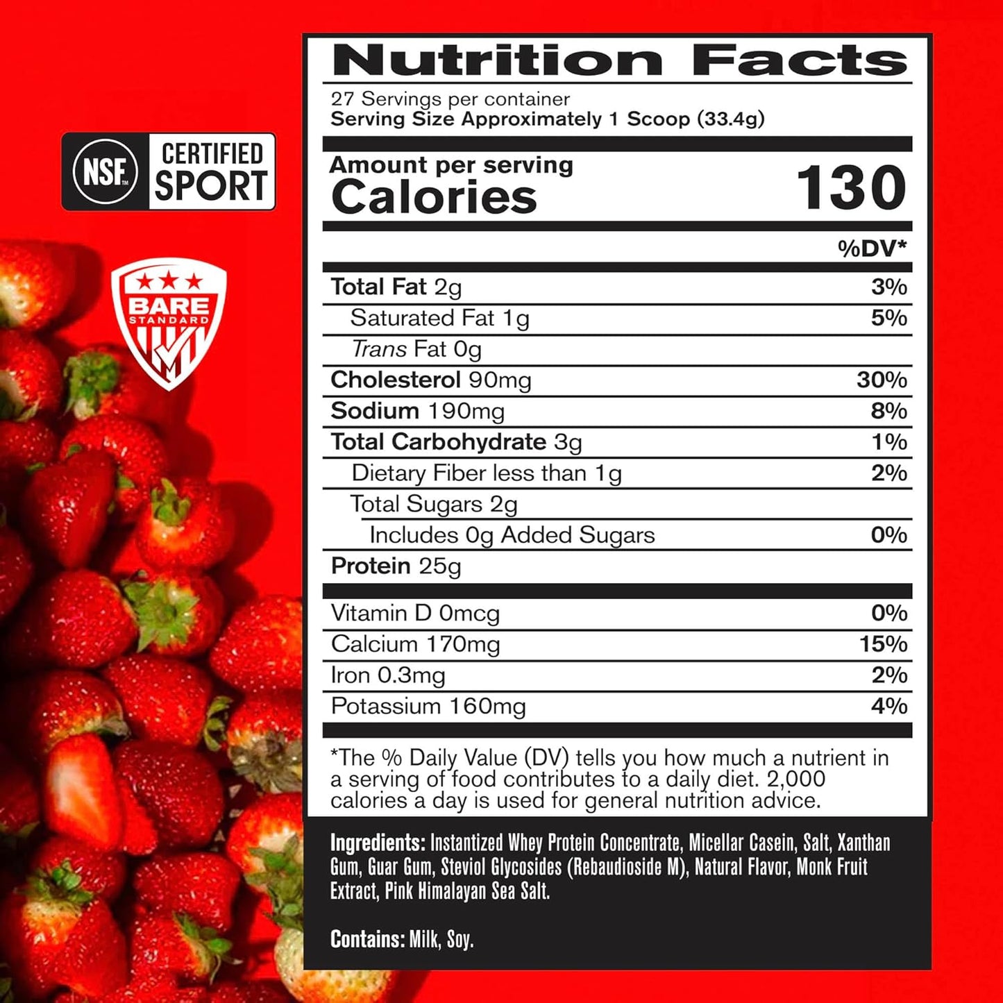 Strawberry BPN Whey Protein + Casein Powder Blend, 25g Protein per Serving, Lean Muscle Recovery, 27 Servings