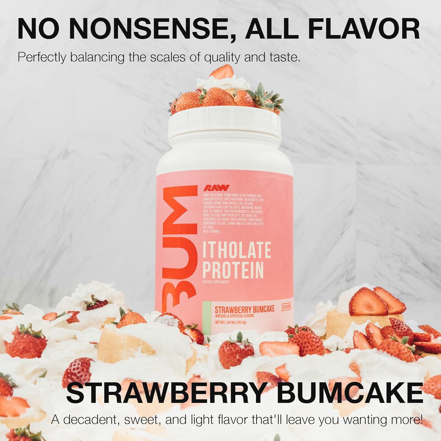 Strawberry BumCake RAW Whey Isolate Protein Powder - Grass-Fed Sports Nutrition for Muscle Growth - Low-Fat, Low Carb - 25 Servings