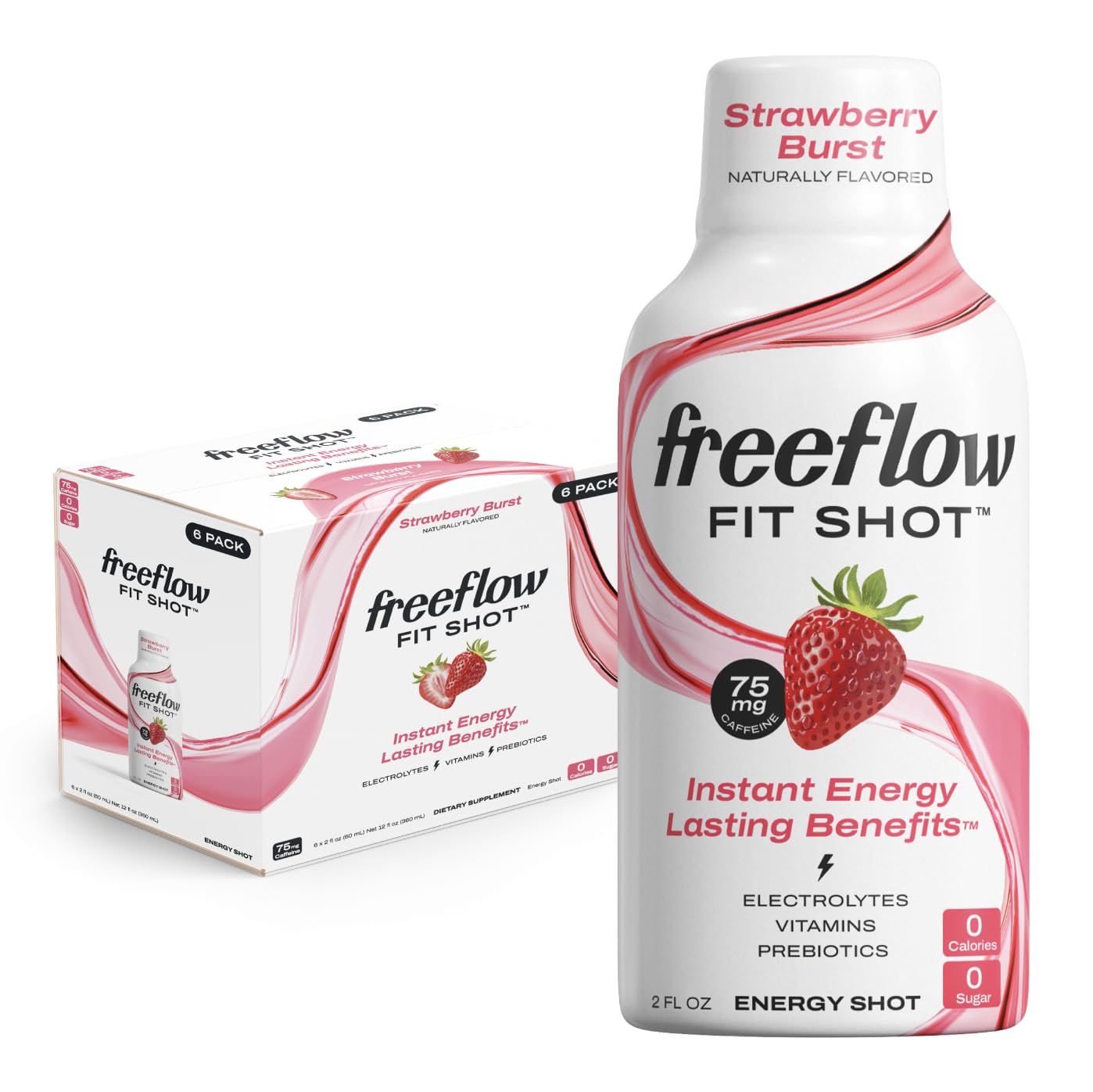 Strawberry Burst Freeflow Fit Energy Shots - Natural Caffeine Boost with L-theanine, Ginseng, Vitamins, Prebiotics, Electrolytes - 6 Count, 2oz Shots - BoostGo Australia