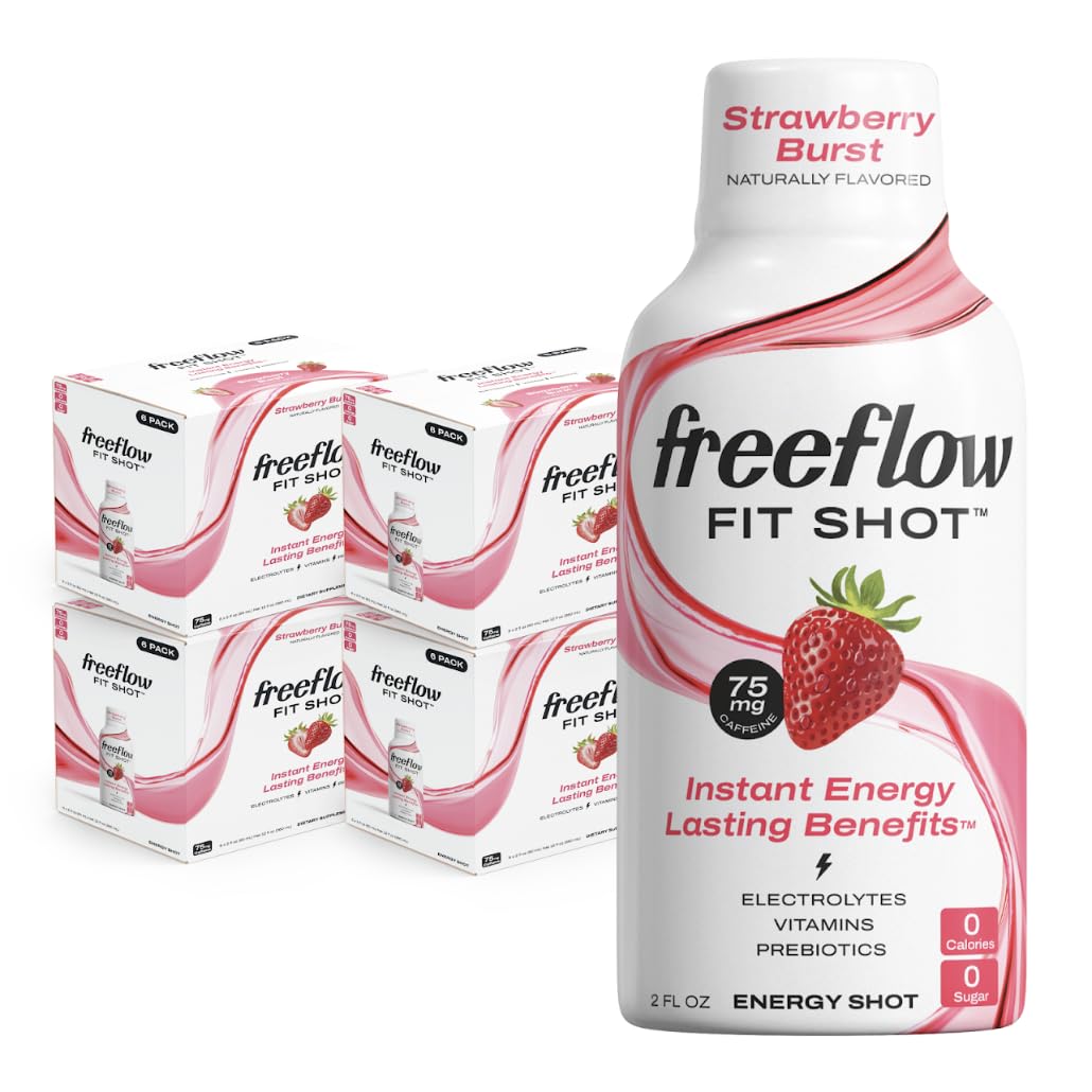 Strawberry Burst Freeflow Fit Energy Shots - Natural Caffeine Boost with L-theanine, Ginseng, Vitamins, Prebiotics, Electrolytes - 24 Count, 2oz