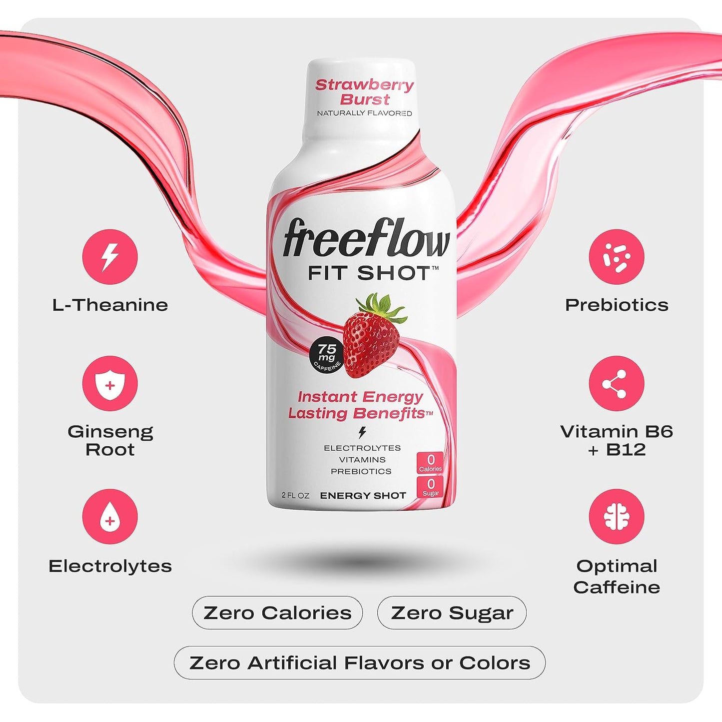 Strawberry Burst Freeflow Fit Energy Shots - Natural Caffeine Boost with L-theanine, Ginseng, Vitamins, Prebiotics, Electrolytes - 6 Count, 2oz Shots - BoostGo Australia
